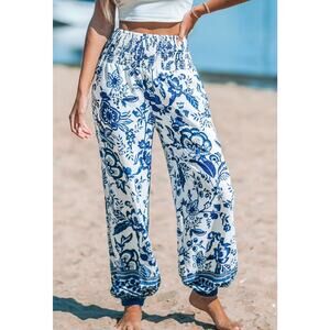 Cupshe Blue & White Floral Smocked Waist Tapered Pants | Medium | NEW